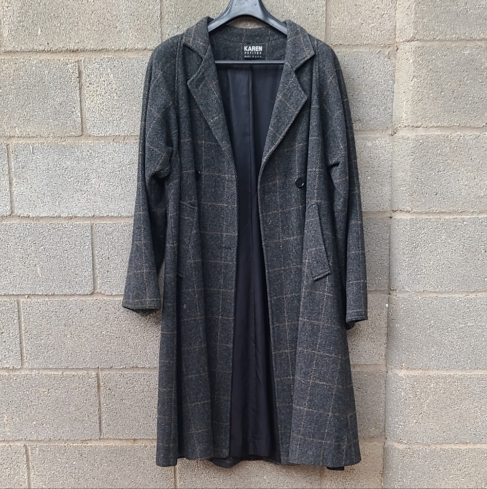 Women's Vintage 80s/90s Karen Petites Gray Plaid Trench Coat Size PS